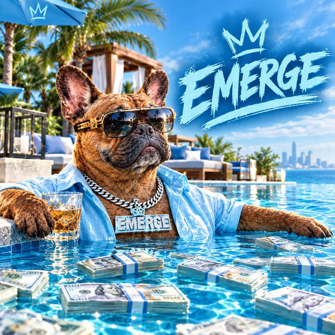 A French bulldog in sunglasses, a blue shirt, and an 'EMERGE' chain sits in a pool surrounded by stacks of cash and a glass of whiskey, with the 'EMERGE' logo displayed prominently.