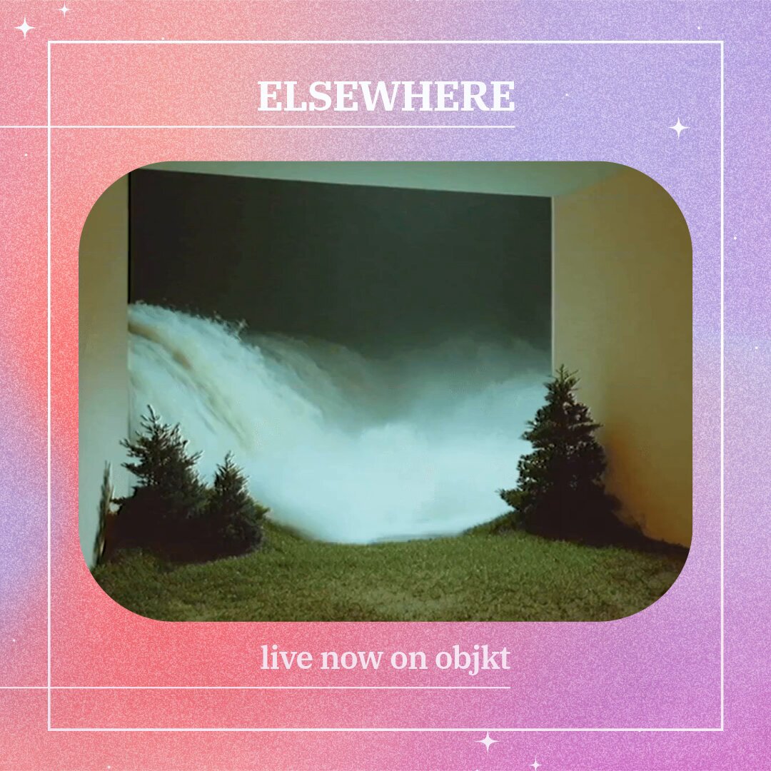 The image features a purple background with white text that reads "ELSEWHERE". Below this, there are two small trees located at the bottom of the frame. The rest of the image shows a waterfall cascading down into a pool below, creating an interesting visual effect due to its proximity to the trees and the water. The caption for the image is "Gm! Everywhere is LIVE NOW on @objktcom".