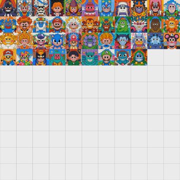 A grid displaying a collection of colorful cartoon NFT avatar characters in the top rows, with empty white squares filling the lower portion.