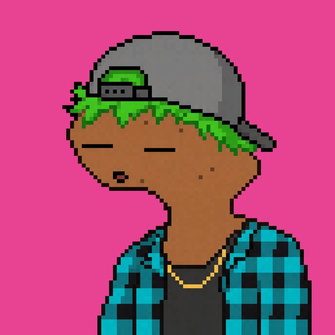 A pixel art portrait of a character with brown skin, wearing a grey backward cap with green highlights and a teal plaid shirt, with closed eyes against a bright pink background.