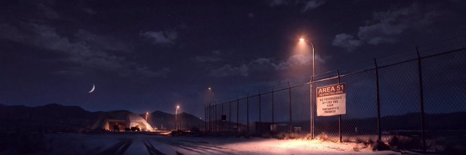 A nighttime desert road scene features a crescent moon, streetlights, a chain-link fence, and a 'AREA 51' warning sign.