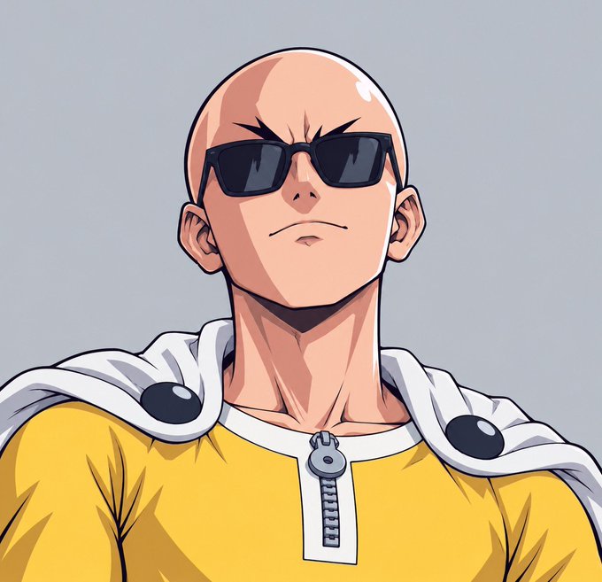 An anime-style illustration shows a bald, stern-faced man wearing black sunglasses, a white cape with black circular clasps, and a yellow outfit with a zipper down the front.