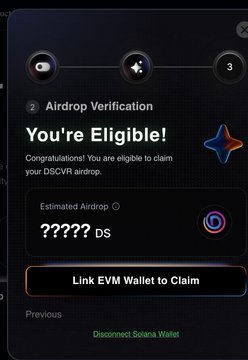 The image shows an email notification from Dscvr about a new airdrop verification process for a user named "Sola". The email contains instructions on how to proceed with the verification, including filling out a form and providing personal information. The text in the email also mentions that the user needs to connect their EVM wallet before claiming their reward.