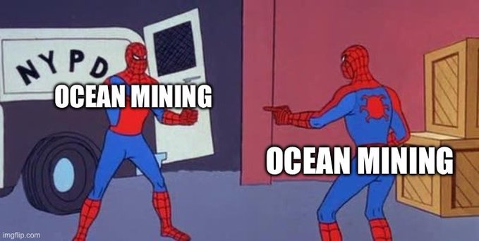 A Spider-Man meme using the 'two Spider-Men pointing at each other' template, with both figures labeled 'OCEAN MINING' in an alleyway next to an NYPD van.