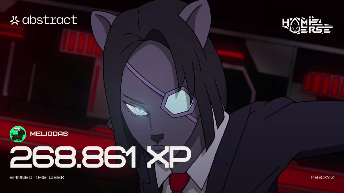 The image features a cartoon character with long hair, wearing a suit and tie, standing against a red background. The character has a serious expression as they look directly at the camera. Below the image, there is text that reads "OMG my new ATH is here Another @AbstractChain XP day and I just hit a new personal best with 268k XP honestly so happy right now. The grind finally paying off. Also don't forget to use the new @hamieverse XP card Happy XP day & stay green". This post seems to be promoting an event or product related to gaming, specifically focusing on the character from the anime "Athlete".