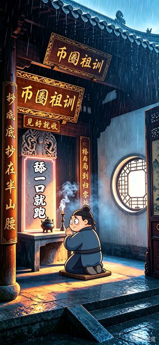 A digital artwork showing a person praying in a traditional Asian temple in the rain, with Chinese signs reading '市圖祖訓', '每日一打就跑', and '見好就收'.