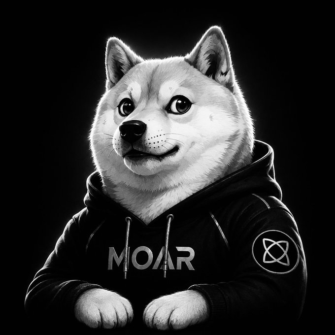 ildshog, a white dog with black eyes and ears, wears a hoodie with the word "MOR" on it against a stark black background.