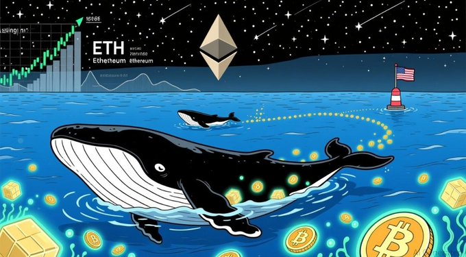 A crypto-themed illustration featuring a large whale swimming through an ocean filled with Bitcoin and Ethereum coins, with ETH price charts and the Ethereum logo visible against a starry night sky.