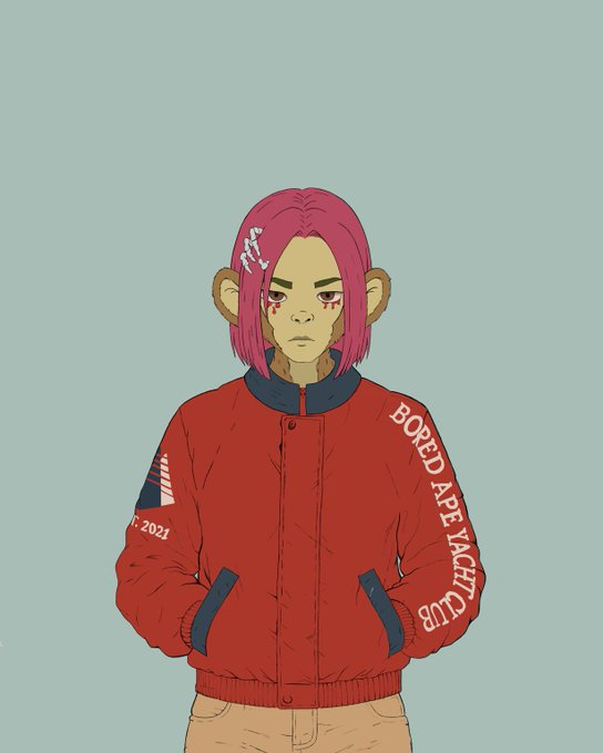 Illustration of a pink-haired character wearing a red Bored Ape bomber jacket with BTC 2021 patch.