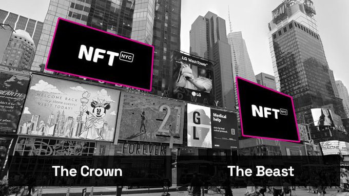 Black-and-white photo of Times Square billboards with two NFT.NYC ads highlighted in pink, labeled 'The Crown' and 'The Beast'.