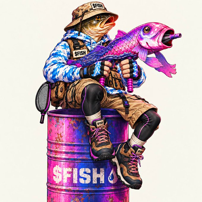 A stylized illustration of an anthropomorphic bass fish dressed in streetwear and camouflage, holding a pink fish and a tennis racket, sitting on a pink barrel labeled '$FISH'.