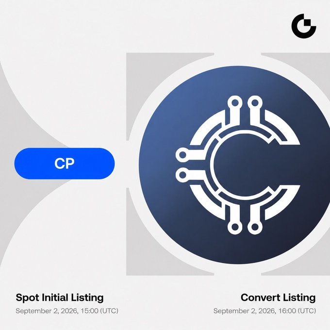 A Gate.io promotional graphic announcing the initial spot listing and convert listing of the $CP token by @OpenProtocolFND, both scheduled for September 2, 2026, with trading starting at 15:00 UTC and fee-free convert trading beginning at 16:00 UTC. The design features a stylized "C" circuit logo alongside the ticker label "CP."