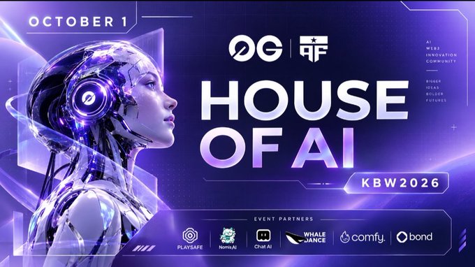A promotional graphic for "House of AI," a KBW2026 event on October 1 hosted by 0G and AF (American Fortress), featuring a futuristic cybernetic woman and event partners including PlaySafe, NormAi, Chat AI, Whale Dance, Comfy, and Bond, highlighting AI development alongside themes of privacy and security as referenced in the post.