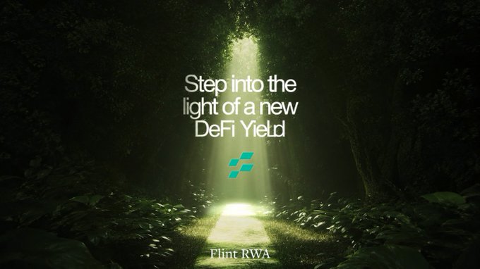 A dark forest path illuminated by a beam of light with the text "Step into the light of a new DeFi Yield" alongside the Flint logo and "Flint RWA" branding, symbolizing Flint RWA's emergence as a practical, self-custodial USDC vault built on ERC-7540 infrastructure for accessing real-world real estate-backed yield opportunities.