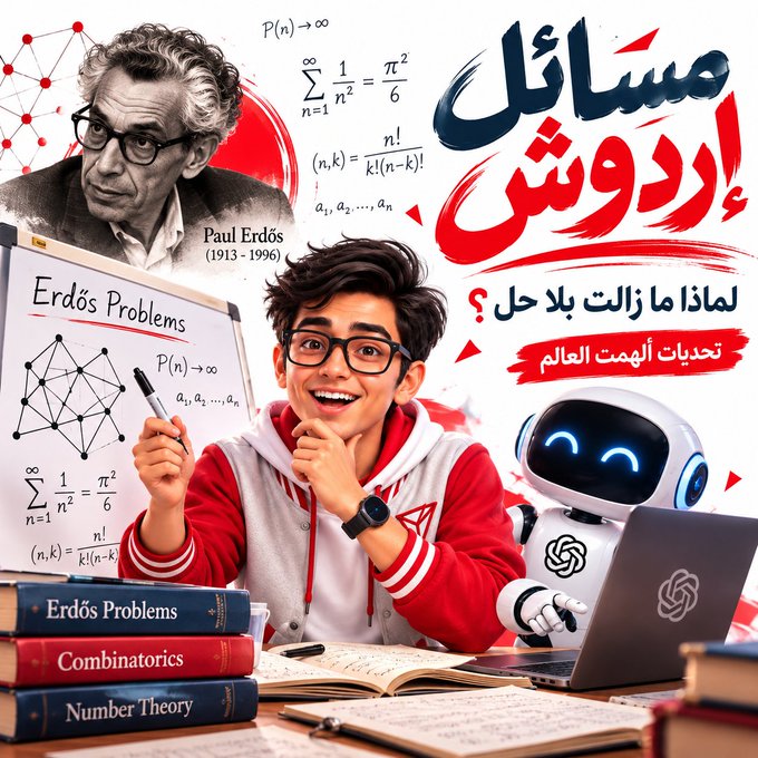 A promotional graphic featuring Paul Erdős alongside a young student and a small robot, with Arabic/Urdu text reading 'مسائل ایڈورڈ' (Erdős Problems) and 'لماذا ما زالت بلا حل؟' (Why are they still unsolved?), highlighting Erdős Problems, Combinatorics, and Number Theory.