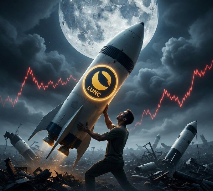 A dramatic AI-generated image of a man pushing a rocket labeled 'LUNC' against a moonlit sky with red declining chart lines and ruined landscape.