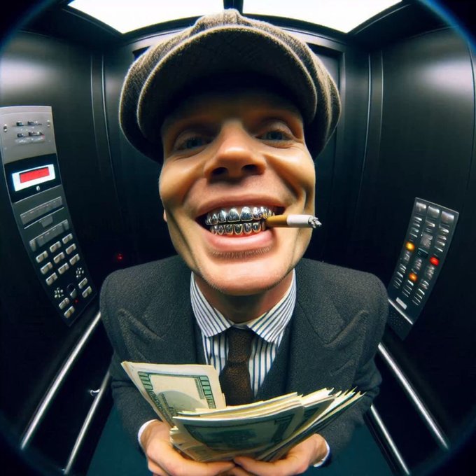 A caricatured man with an oversized grin, grill, and cigar wears a flat cap and suit while holding a thick stack of cash inside an elevator with control panels on either side, fitting the post's confident "go all in this month" hype for new monthly gains.