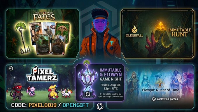 A promotional graphic for a gaming tournament featuring 'IMMUTABLE & ELOWYN GAME NIGHT' on Friday, Aug 28, showcasing 'Might & Magic Fates', 'Olderfall', 'Pixel Tamerz', and 'Elowyn: Quest of Time', with promo code 'PIXEL0819'.