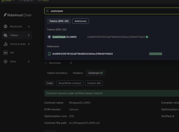 Robinhood Chain explorer page showing the 'CashClawd (CLAWD)' token with contract address 0x8991235F18132a8716A6E423A0ac219040170b52, marked as verified and labeled WrappedCLAWD.