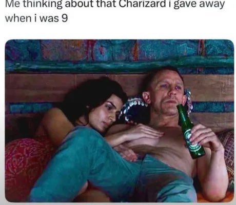 The meme features Michael Keaton and a woman looking somber, with a Heineken bottle visible, under the caption "Me thinking about that Charizard i gave away when i was 9." The melancholic mood reflects the poster's ongoing grief over trading a Pokémon NFT, tying into their daily campaign about waiting for the Pokémon ENS (Ethereum Name Service) floor price to reach 1 ETH.