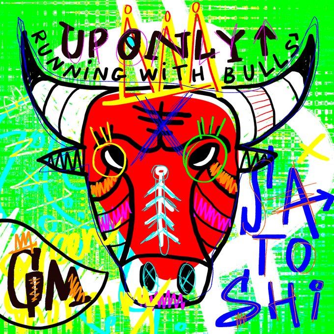 Vibrant abstract digital artwork featuring a red bull-like head with horns in the center, surrounded by graffiti-style text including 'UP ONLY', 'RUNNING WITH BULLS', 'ON', and 'SA TO SHI' against a bright green patterned background.