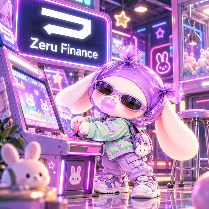 A colorful, neon-lit arcade scene shows a bunny-eared character at a gaming cabinet, with prominent signage reading “Zeru Finance.” The image pairs with the post about Zeru Finance’s $50k competition with Ditto_Network by highlighting the crypto-themed, playful promotional branding.