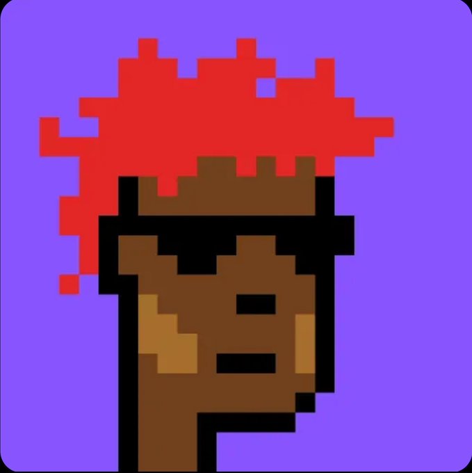 A pixel art style image of a brown-skinned character with a red mohawk hairstyle against a purple background.