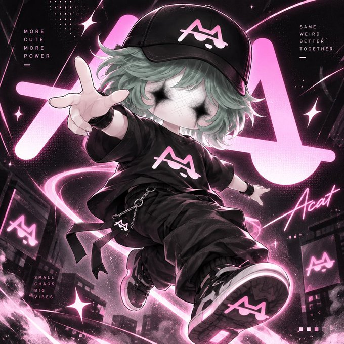A chibi-style character with mint hair, a black cap and shirt featuring a pink "M" logo, kicks dynamically toward the viewer against a neon pink cityscape background. Visible text includes "MORE CUTE MORE POWER," "SAME WEIRD BETTER TOGETHER," "SMALL CHAOS BIG VIBES," and the name "Acat."

The image, branded with the Acat logo, appears to serve as promotional artwork for motoswap, with the upbeat, energetic style matching the post's excitement about returning DeFi Summer farming mechanics and new USDC, USDT, WETH, and MOTO liquidity pools.