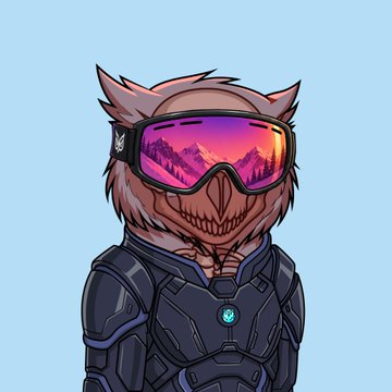 A stylized illustration of an anthropomorphic owl character wearing tactical black armor and ski goggles reflecting a sunset mountain landscape. The digital art aligns with the post's NFT community check-in, featuring an owl that likely represents the "Owltopia_sol" project mentioned.