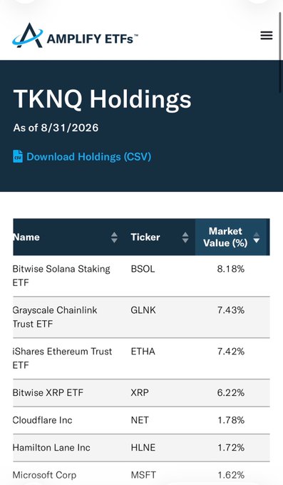Screenshot of the Amplify ETFs website showing TKNQ Holdings as of 8/31/2026, listing top positions including Bitwise Solana Staking ETF (BSOL, 8.18%), Grayscale Chainlink Trust ETF (GLNK, 7.43%), and iShares Ethereum Trust ETF (ETHA, 7.42%).