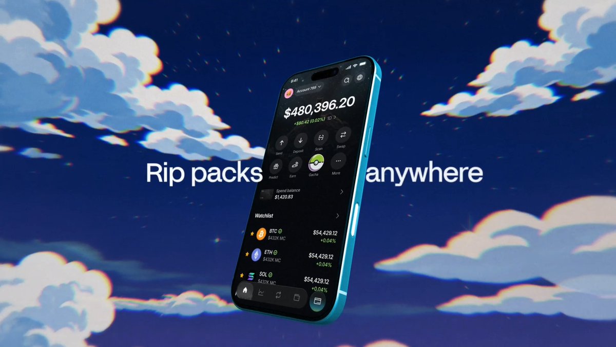 A promotional graphic showing a smartphone displaying a crypto wallet app with $480,396.20 balance and a watchlist of BTC, ETH, and SOL, overlaid with the text 'Rip packs anywhere' against a blue sky with clouds.