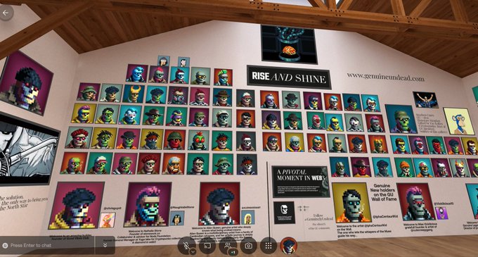 A virtual gallery wall displaying a grid of colorful pixel-art portraits under the title 'RISE AND SHINE' for the website gemmeundeal.com.