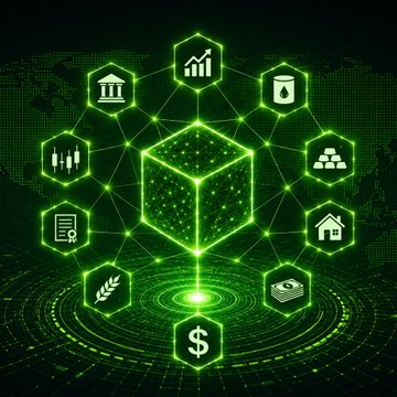 A glowing green digital cube surrounded by hexagonal icons representing real-world assets (banks, gold, real estate, stocks, houses, and a dollar sign) symbolizes the tokenization and growing on-chain presence of traditional assets. The image visually reinforces the post's data point that RWA deposits on DeFi platforms tripled year-over-year to $7.4B in Q2, highlighting the shift toward blockchain-based representations of conventional financial instruments.