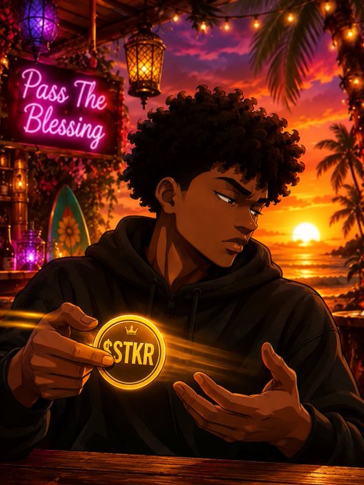 An anime-style illustration of a young man holding a glowing '$STKR' coin beneath a 'Pass The Blessing' neon sign, with a sunset beach scene in the background.