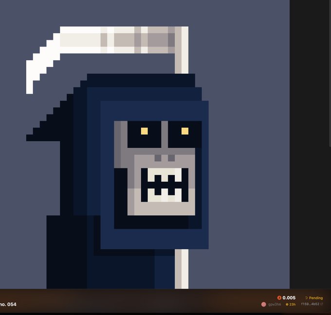 A pixel art grim reaper character with a scythe, yellow glowing eyes, and a skeletal grin is displayed against a blue background, shown in a marketplace interface labeled "BITFOOTS Ordinal" with a pending 0.005 BTC sale price (f159_4bb2) and a "No. 054" collection number, matching the post's announcement of a foot-themed Ordinal NFT sale.