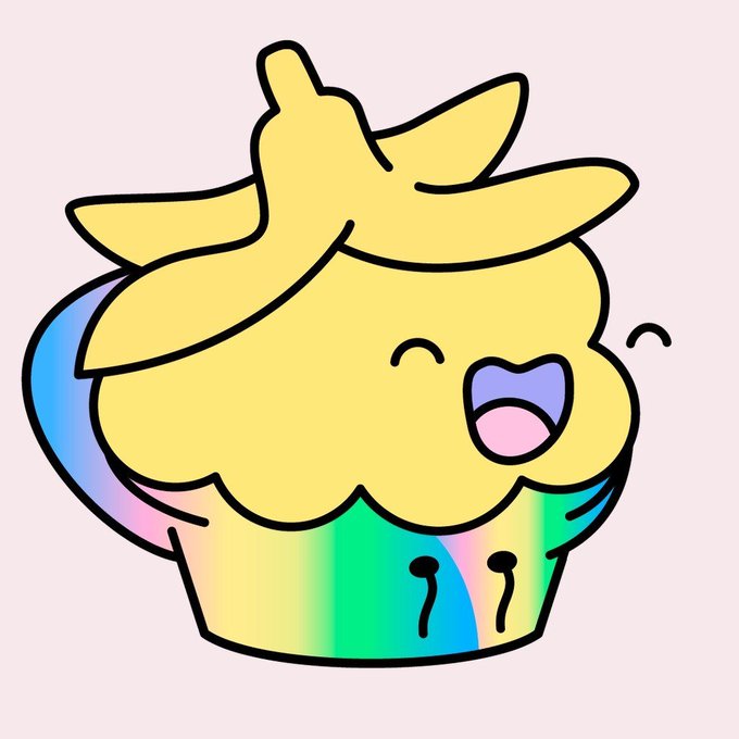 A cute cartoon illustration of a smiling cupcake character with yellow frosting, closed happy eyes, a rainbow-colored wrapper, set against a light pink background.