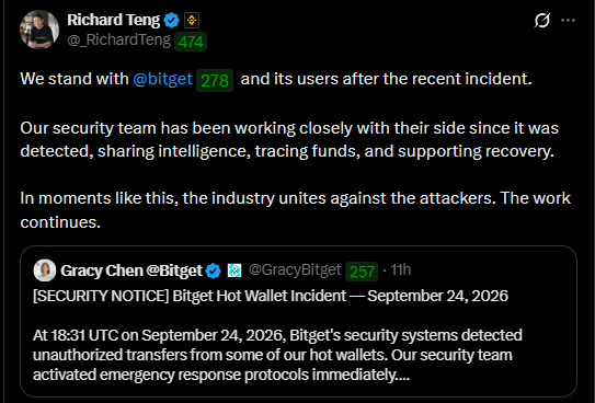 Tweet from Richard Teng (Binance CEO) stating 'We stand with @bitget and its users after the recent incident,' quoting Gracy Chen's security notice about a Bitget Hot Wallet Incident on September 24, 2026.