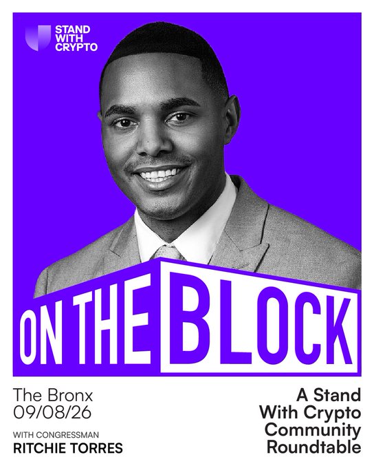 Promotional graphic for a "Stand With Crypto Community Roundtable" featuring Congressman Ritchie Torres, with bold purple branding reading "ON THE BLOCK," announcing an event on September 8, 2026, in The Bronx, NY. The image visually aligns with the post's details, highlighting Torres as the featured guest for a discussion on crypto's role in local communities and small businesses.