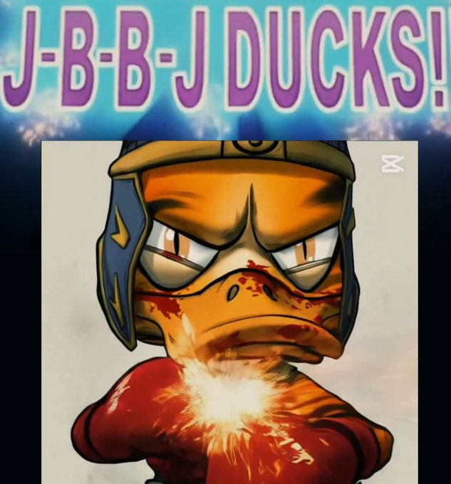 Meme featuring a battered anime character (resembling Naruto as Gamabunta) with the text 'J-B-B-J DUCKS!' displayed prominently at the top in purple letters.