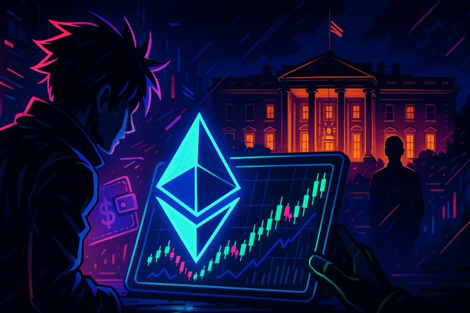 The image shows an illustration of someone sitting at their computer, holding a tablet device displaying a currency exchange chart with a virtual "ETHEREUM" symbol above it. The person appears to be reading or analyzing data related to Bitcoin and Etherium. In the background, there is a depiction of a white house that resembles a government building, suggesting some sort of financial or political context behind this scene. Additionally, there are two other people in the image who seem to be watching the same chart on their devices.