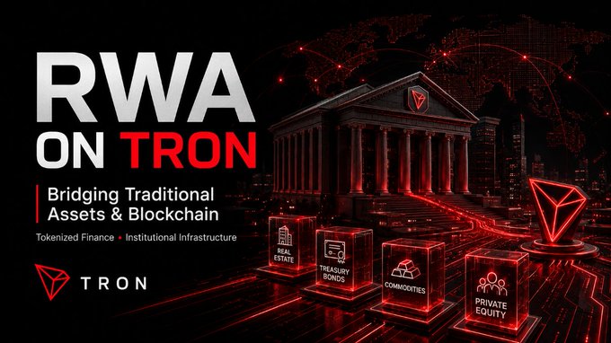 A promotional graphic with the text "RWA on TRON: Bridging Traditional Assets & Blockchain" alongside the TRON logo, featuring illuminated columns of a classical building and glass display cases showcasing tokenized asset categories including Real Estate, Treasury Bonds, Commodities, and Private Equity, visually reinforcing the message about bringing traditional financial assets onto the blockchain.