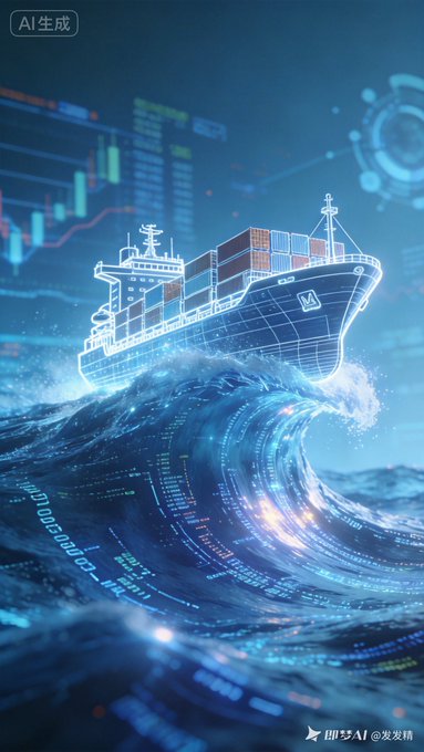 An AI-generated digital art piece (marked 'AI 生成') depicting a futuristic container ship navigating data-stream waves alongside financial charts and code.