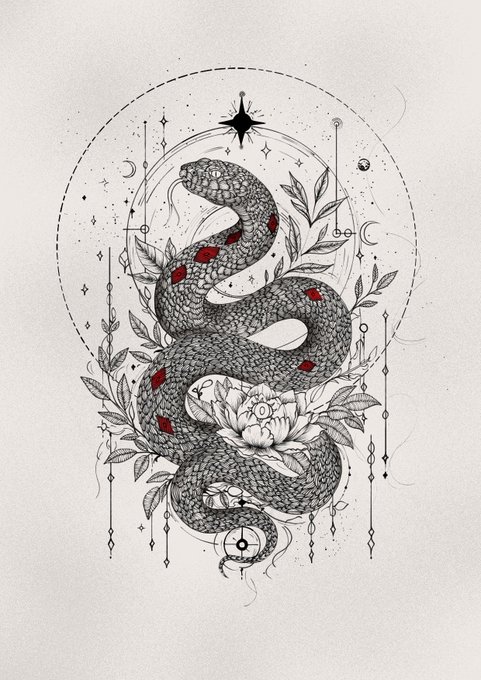 A detailed black and white tattoo-style illustration of a coiled snake with red diamond markings, surrounded by a floral lotus, leaves, and celestial decorative elements.
