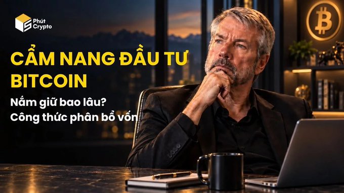 A contemplative middle-aged man with gray hair sits thoughtfully at a desk in front of a laptop, with a Bitcoin logo visible on the wall behind him. The Vietnamese text on the left reads "CẨM NANG ĐẦU TƯ BITCOIN" (Bitcoin Investment Handbook) along with "Nắm giữ bao lâu?" (How long to hold?) and "Công thức phân bổ vốn" (Capital allocation formula), while the "Phút Crypto" logo appears in the corner—reinforcing the post's theme of Bitcoin investment uncertainty despite its reputation as "digital gold."