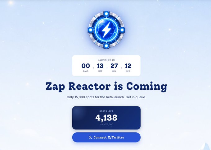 A promotional countdown page with a blue and white theme, featuring a countdown timer showing "00 DAYS : 13 HRS : 27 MIN : 12 SEC", the text "Zap Reactor is Coming", and a "Connect X/Twitter" button below a counter showing "4,138" spots left.