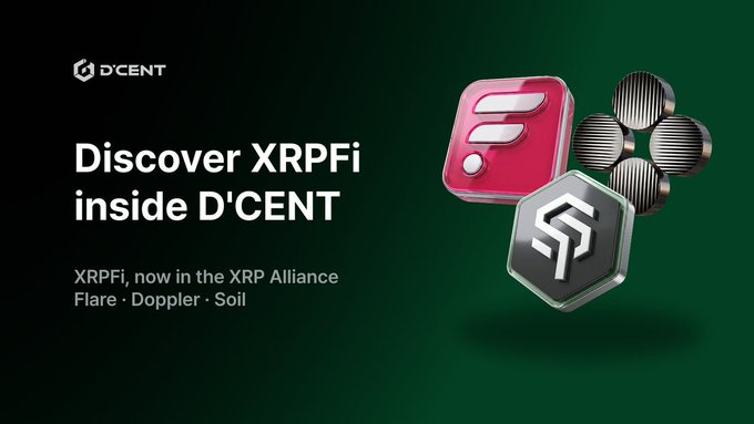 D'CENT Wallet promotional graphic featuring the headline "Discover XRPFi inside D'CENT" with logos for Flare, Soil, and Doppler, highlighting how users can access XRPFi protocols through the wallet's Discovery tab to put their XRP to work beyond simple holding.