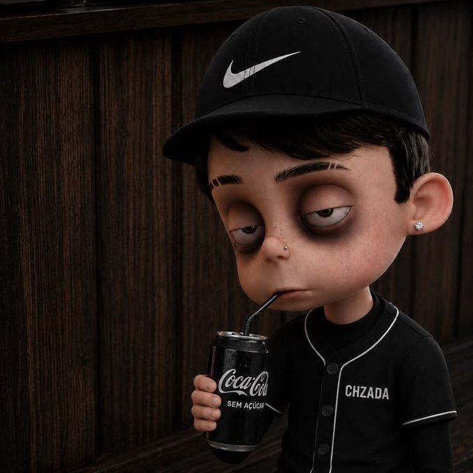 A 3D rendered cartoon character with dark circles under his eyes, wearing a black Nike cap and a black 'CHZADA' jersey, sipping from a black Coca-Cola 'SEM AÇÚCAR' can.