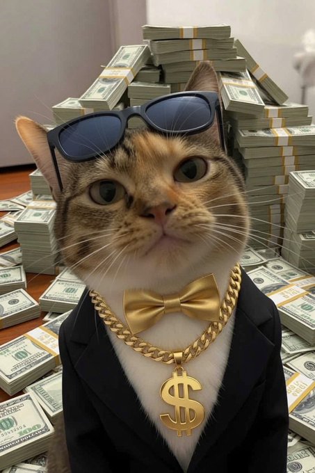 An AI-generated image of a cat wearing sunglasses, a black suit, a gold bow tie, and a dollar sign ($) chain necklace, sitting in front of piles of US dollar bills.