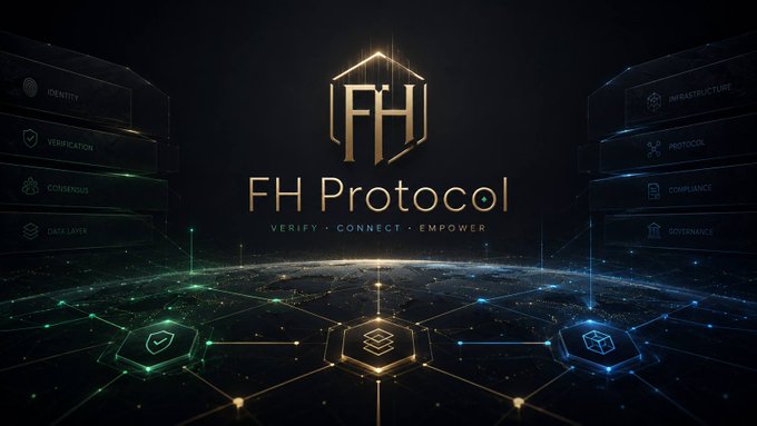 A promotional graphic for "FH Protocol" with the tagline "VERIFY • CONNECT • EMPOWER", featuring a hexagonal "FH" logo and interconnected nodes representing IDENTITY, VERIFICATION, CONSENSUS, DATA LAYER, INFRASTRUCTURE, PROTOCOL, COMPLIANCE, and GOVERNANCE.