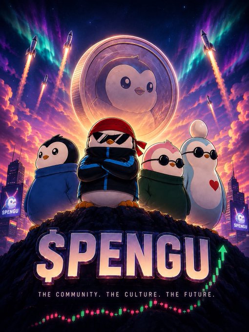 A stylized digital poster featuring cartoon penguins, including one in sunglasses, with a large coin in the background and rockets flying through a colorful sky. Text reads "$PENGU" and "THE COMMUNITY. THE CULTURE. THE FUTURE."